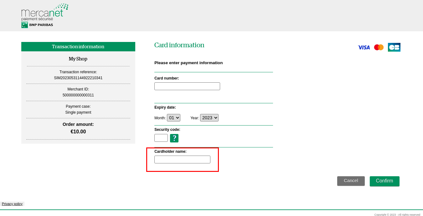 Card data entry page with cardholder field  