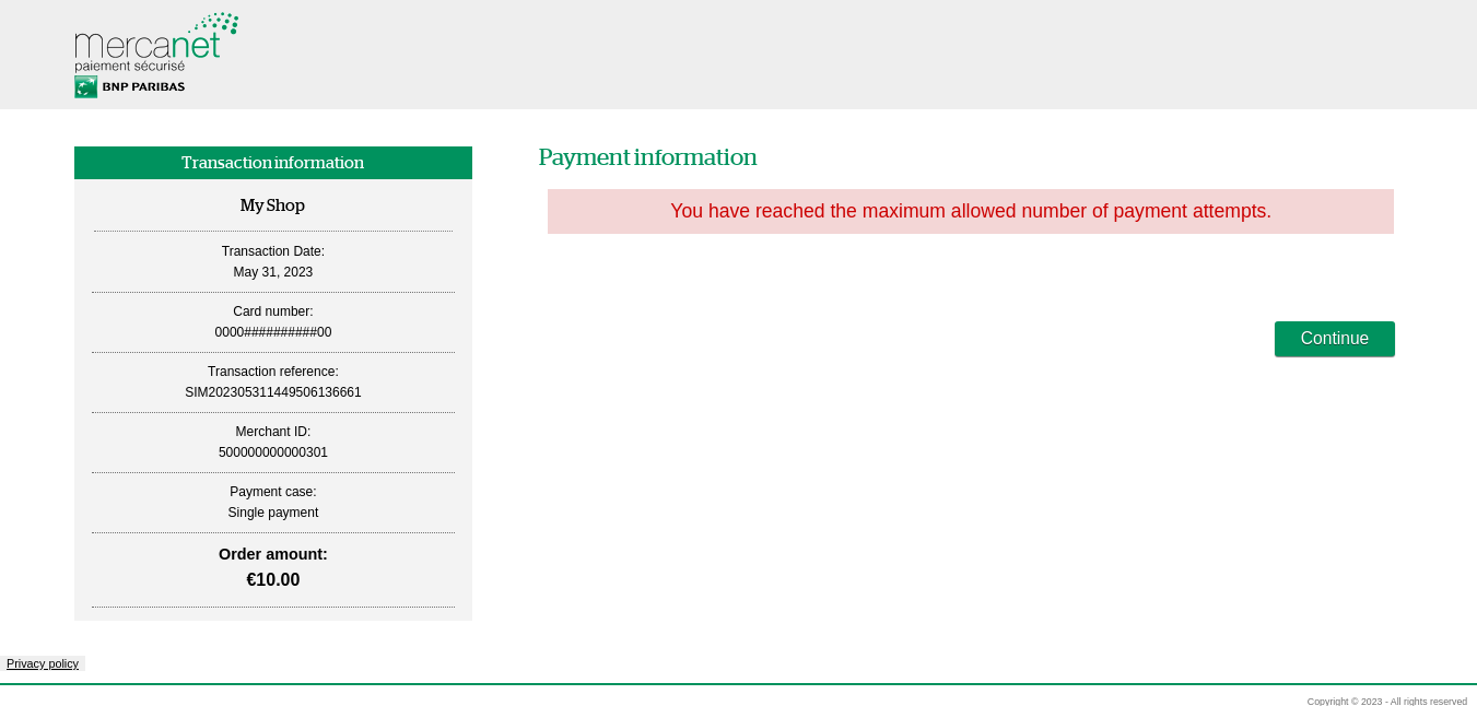 screenshot with the message: you have reached the maximum number of authorized payment attempts