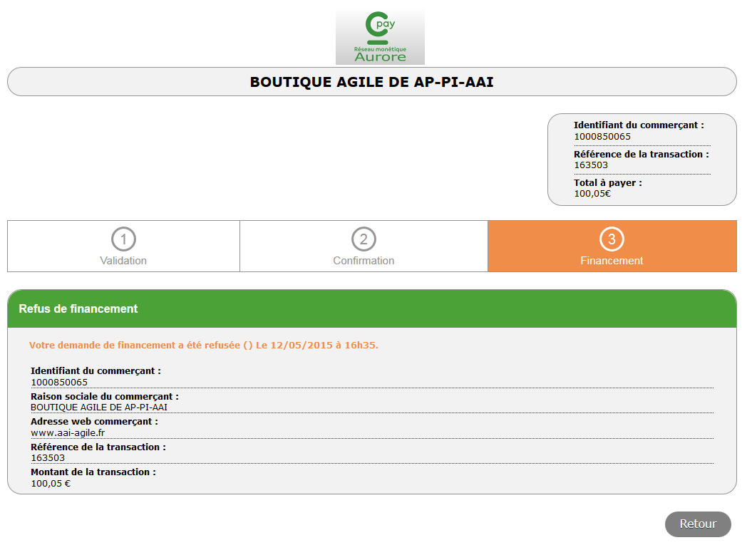 page which indicates that Cetelem has refused the financing