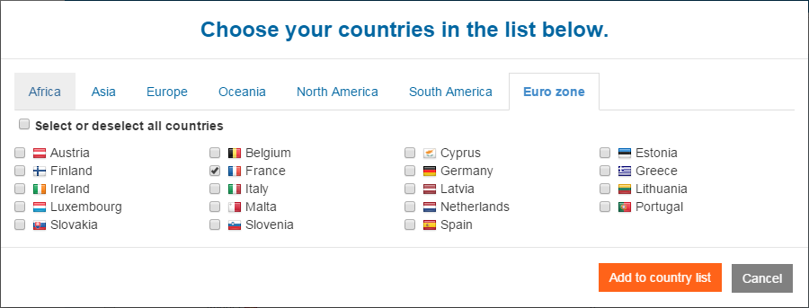 image of the popup allowing to select one or several countries in a list