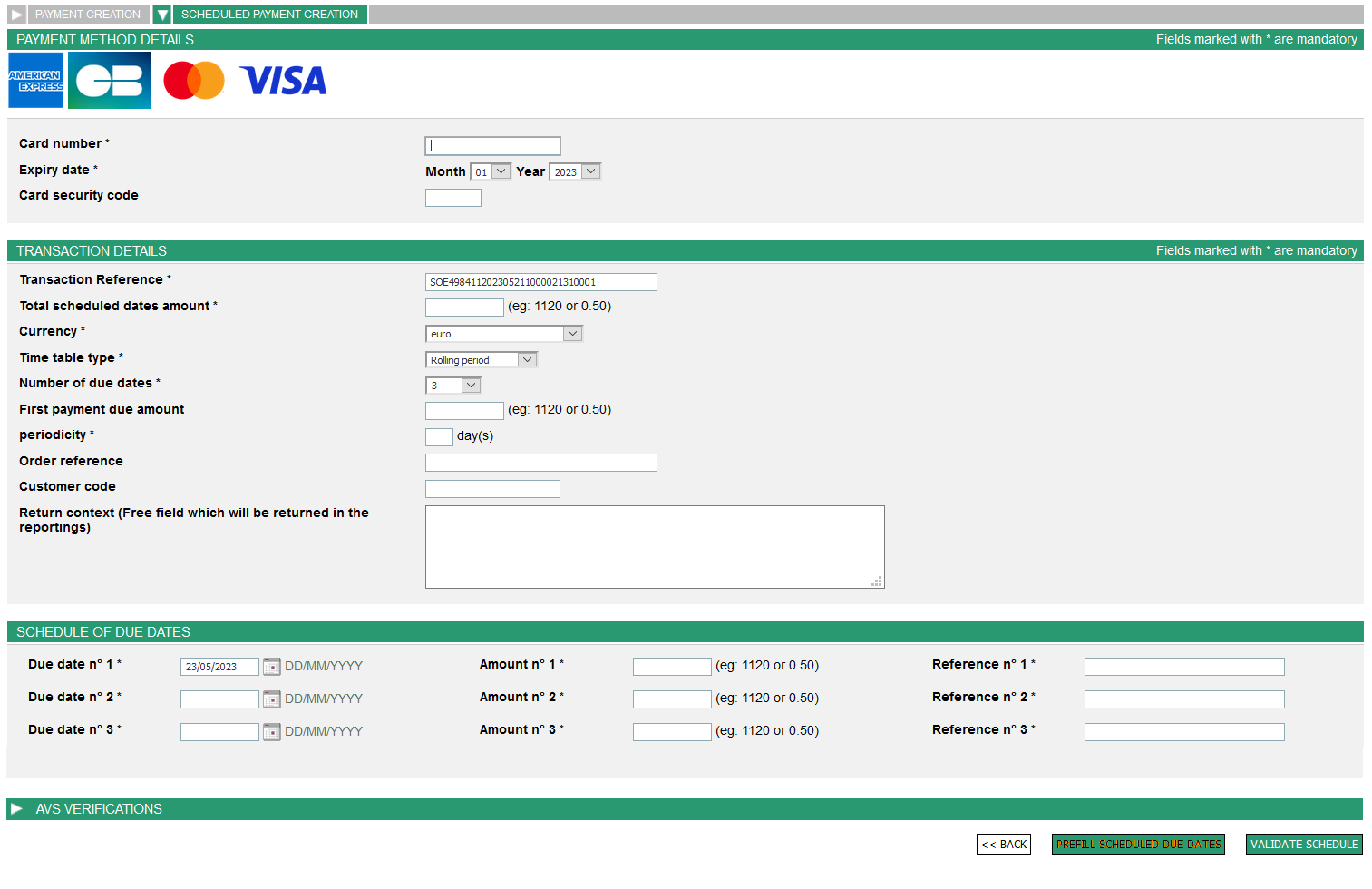 Scheduled payment creation page