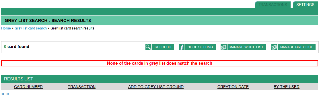 none of the cards in grey list does match the search