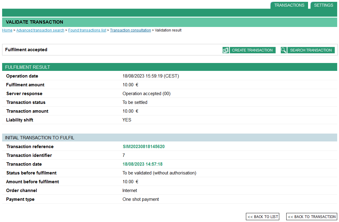 initial fulfilment and fulfilment result summary