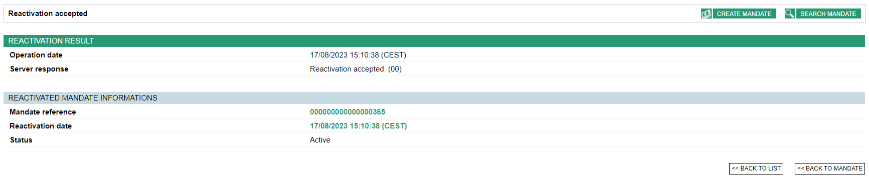 mandate reactivation confirmation page