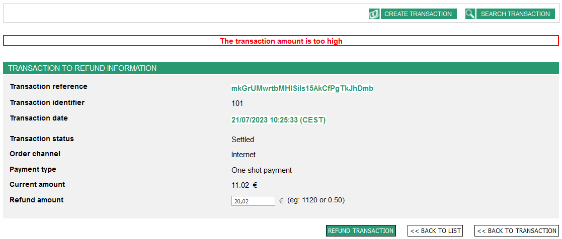 a message indicates that the refund has failed and indicates the transaction data