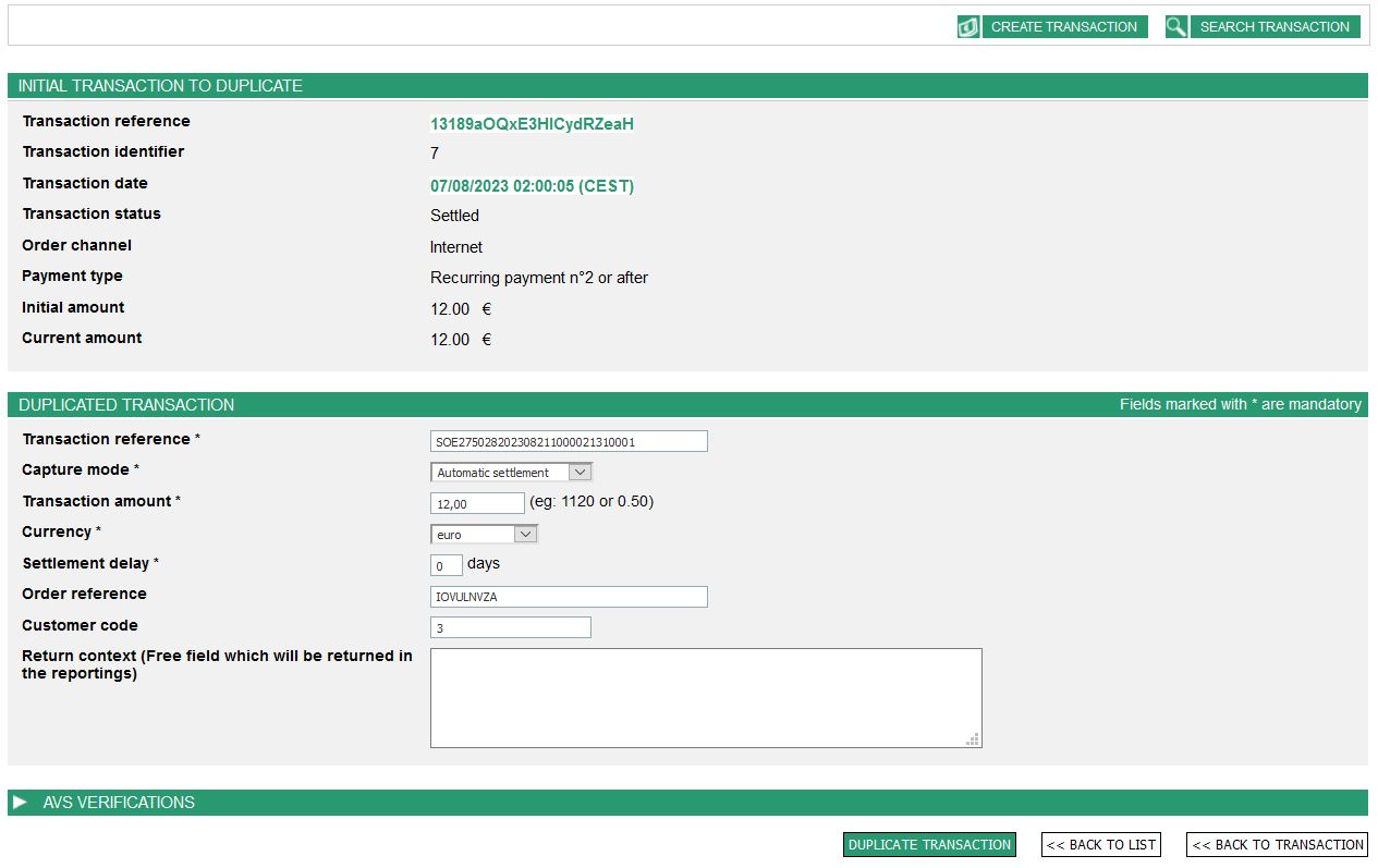 page summarizing the transaction to duplicate and the fields to fill in for the duplicate transaction