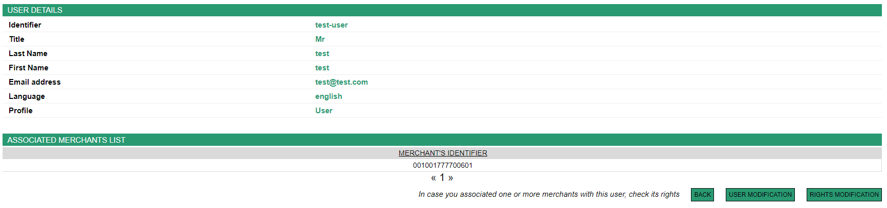 user's characteristics page: login, name, email address, etc.
