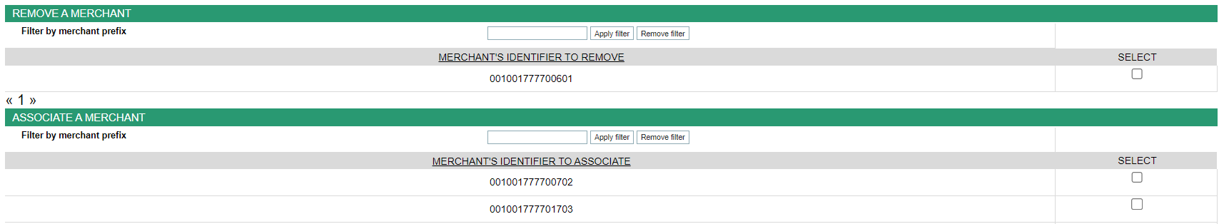 first part of the page, to remove a merchant, the second part to associate a merchant