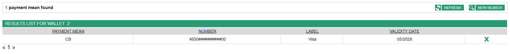 four columns: payment mean, number, label and validity date