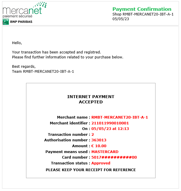 image showing the e-mail message for an accepted payment
