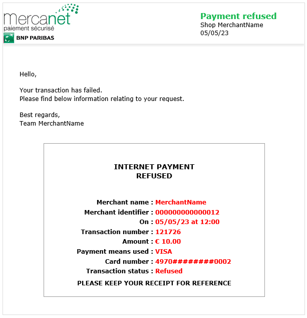 image showing the e-mail message for a refused payment
