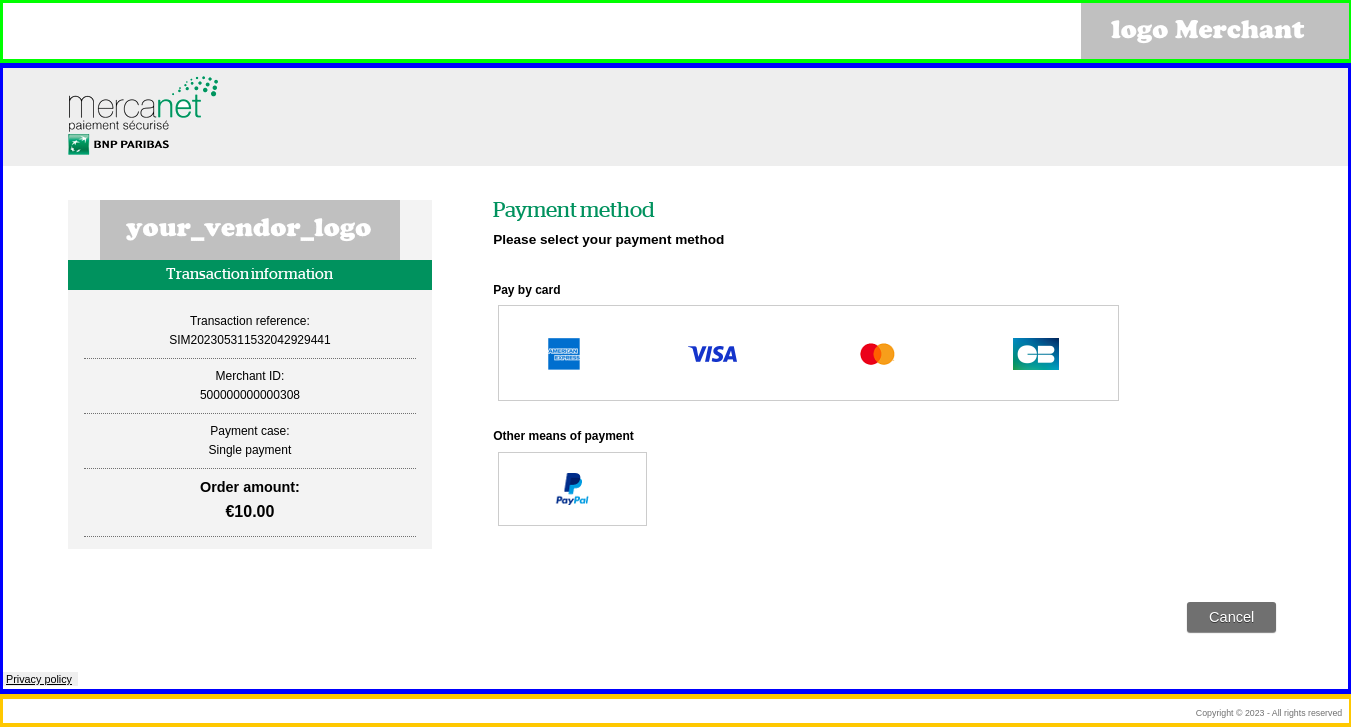 Capture of the payment page with the locations of each logo 