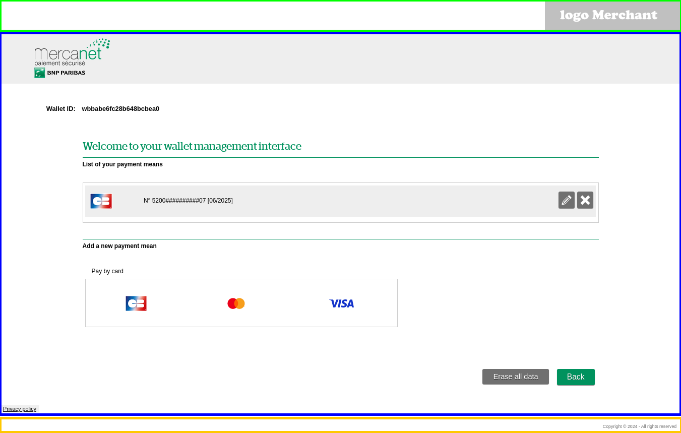 Capture of the wallet management page with the locations of each logo 