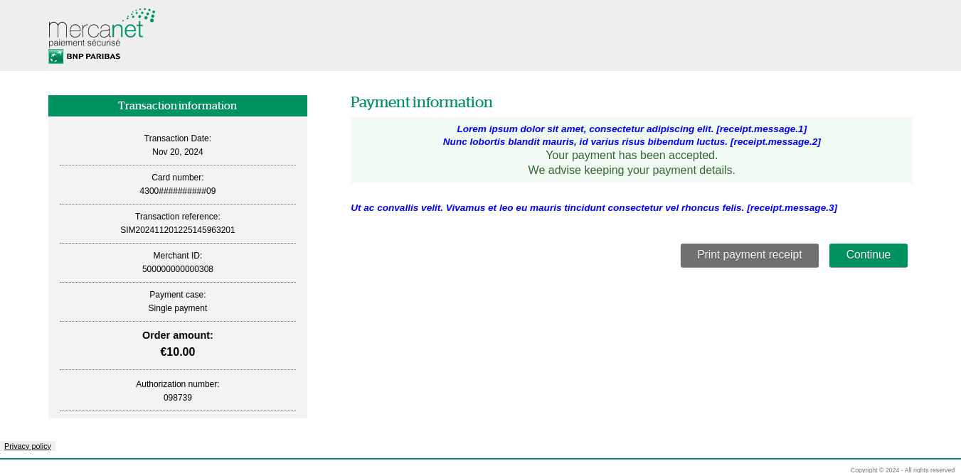 Payment confirmation page with customizable message location 