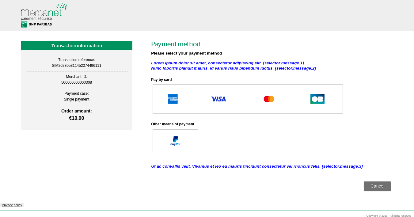 Payment method selection page showing the location of customizable messages 