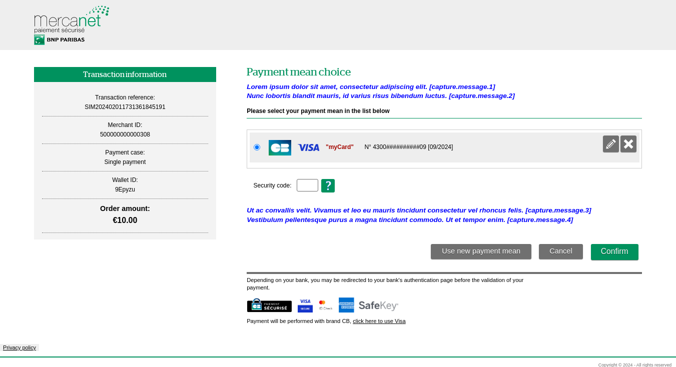 OneClick payment page with customizable message location 