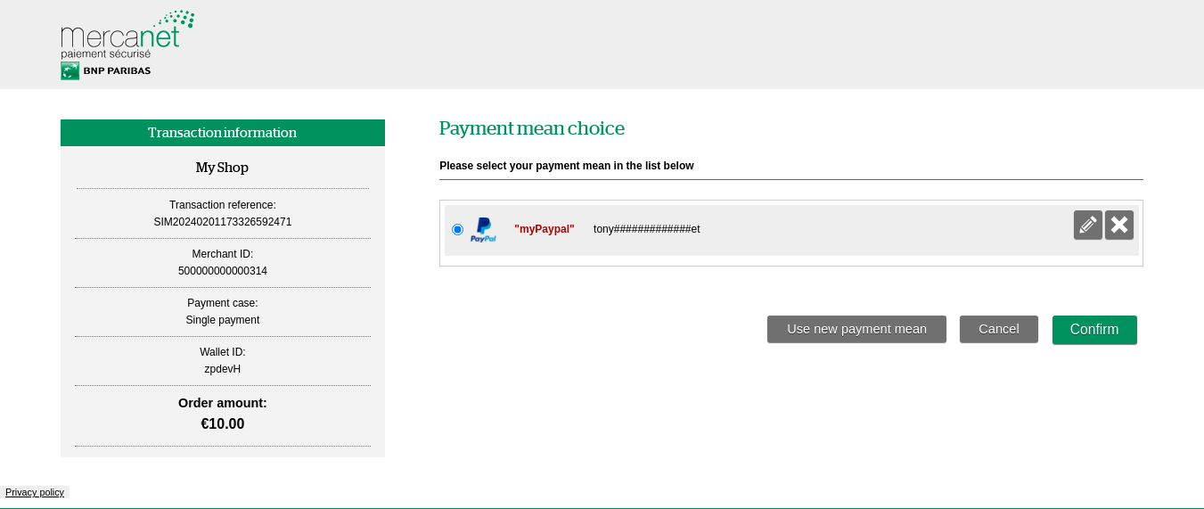screenshot displaying the existing Paypal wallet