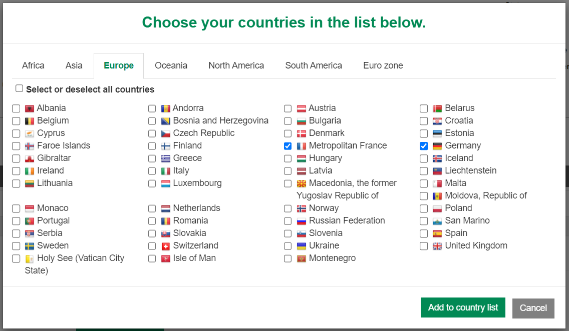 image de la popup permettant de sélectionner un ou plusieurs pays dans une liste