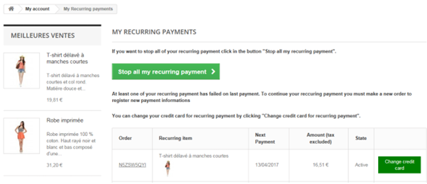 Bouton pour changer la carte pour les paiements récurrents dans le compte client