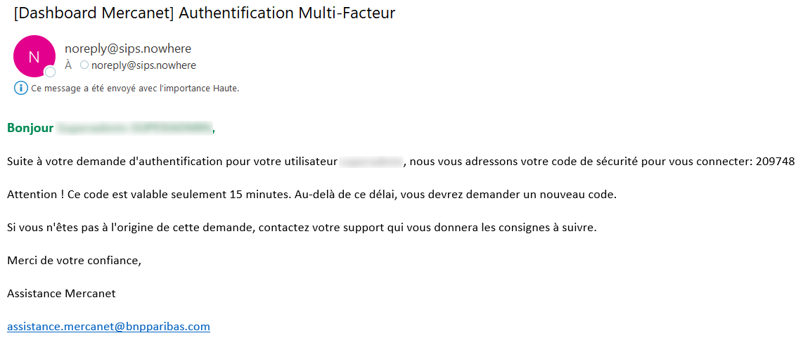 mail donnant le code valable pendant 15 minutes
