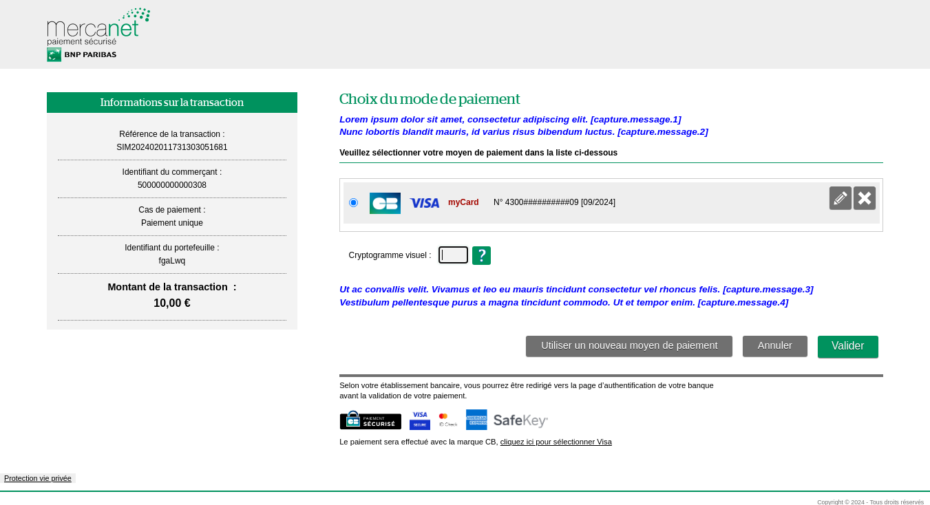 Page de paiement OneClick avec l'emplacement des messages personnalisables 